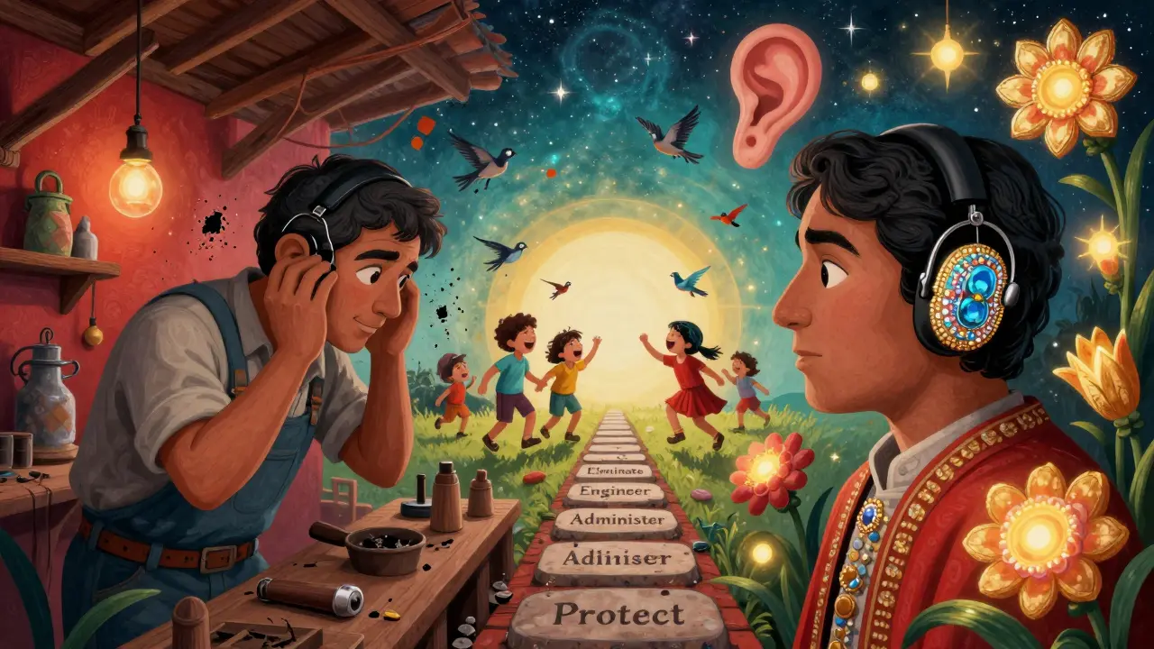 A split scene shows hearing damage on one side and healing protection on the other, with glowing ear flowers and a path of safety steps leading to light.