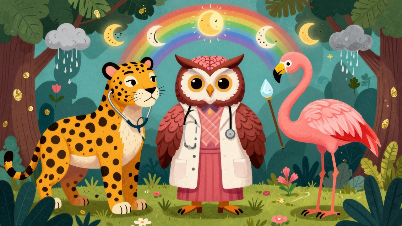 A support team of hybrid creatures representing OB, neurologist, and lactation consultant helping a mother manage migraines.