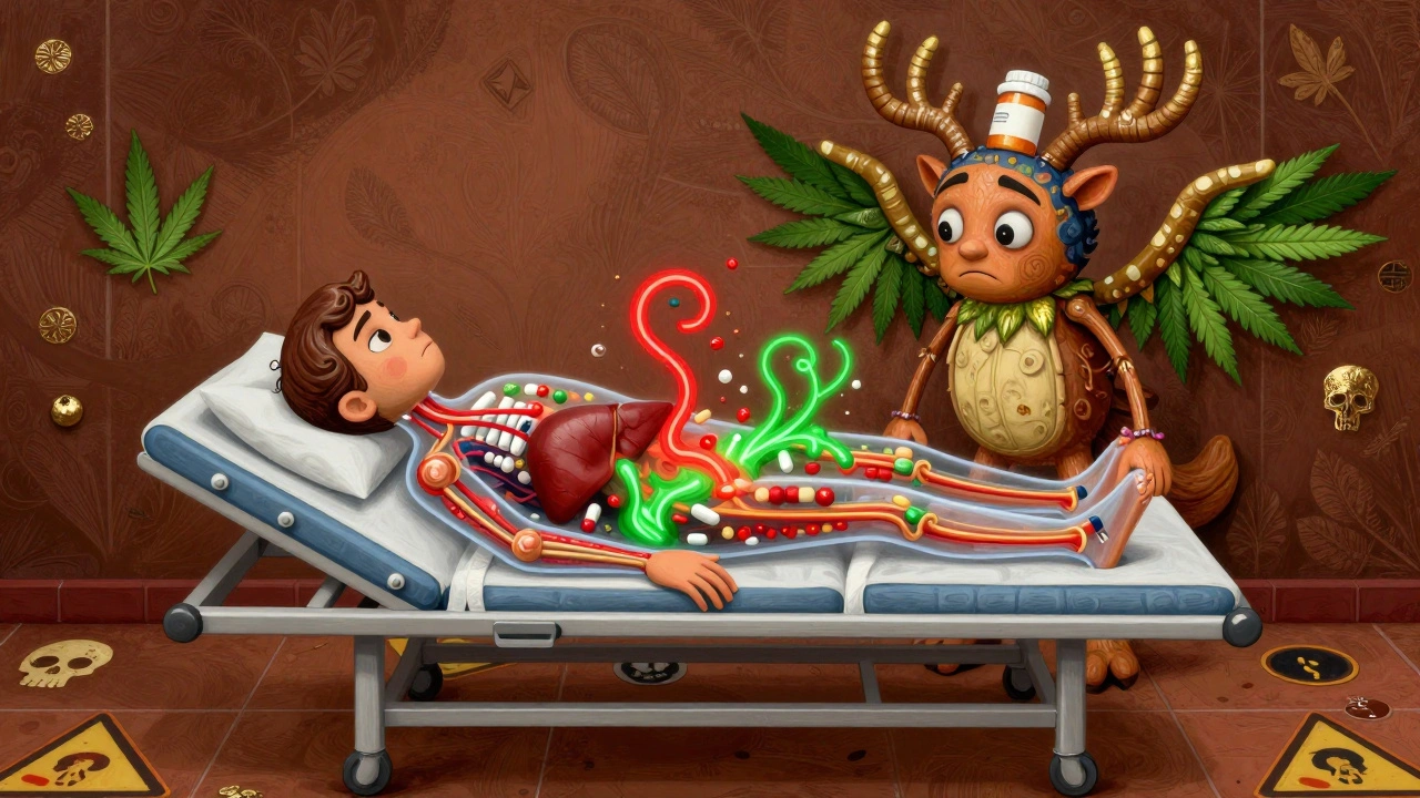A transparent patient with clashing drug streams near the liver, watched over by a cannabis-winged alebrije spirit.