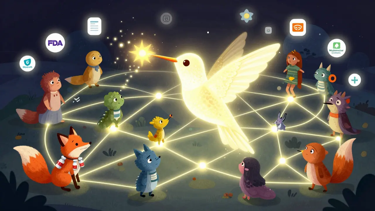 A web of patient creatures connecting to a hummingbird-shaped database, with one releasing a healing spark of light.