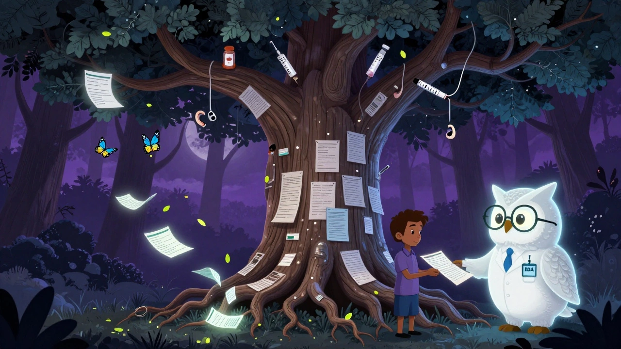 An ancient tree with medical products growing from its branches, turning report forms into butterflies as a doctor and patient hand one to an owl alebrije.