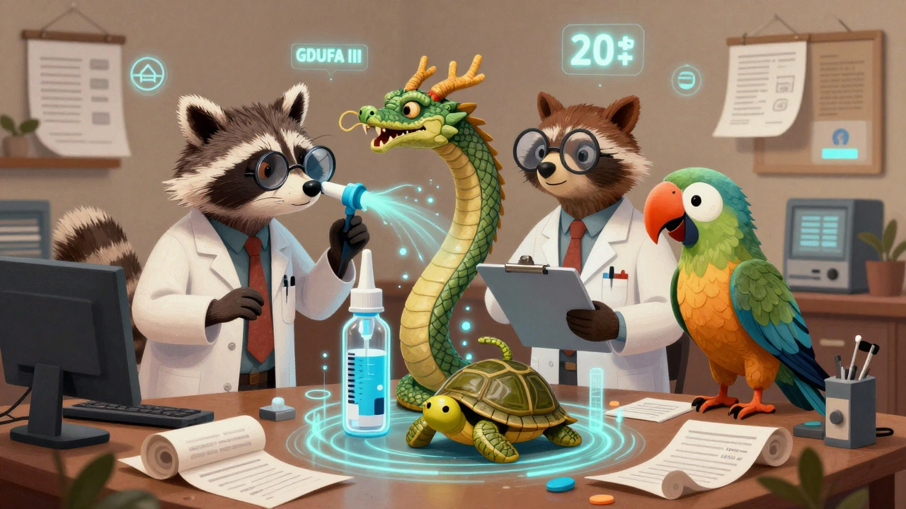 Anthropomorphic animals inspecting drug delivery systems in a glowing FDA office