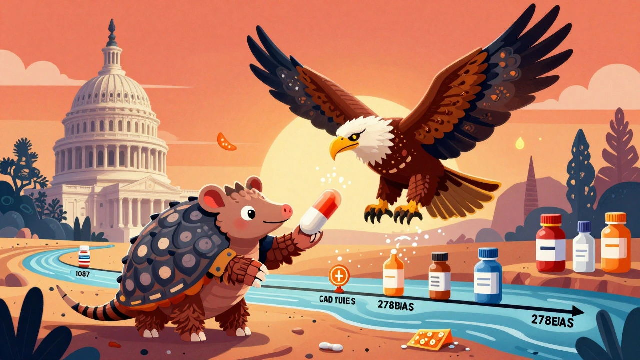 Armadillo handing a pill to an FDA eagle as a timeline river flows between days