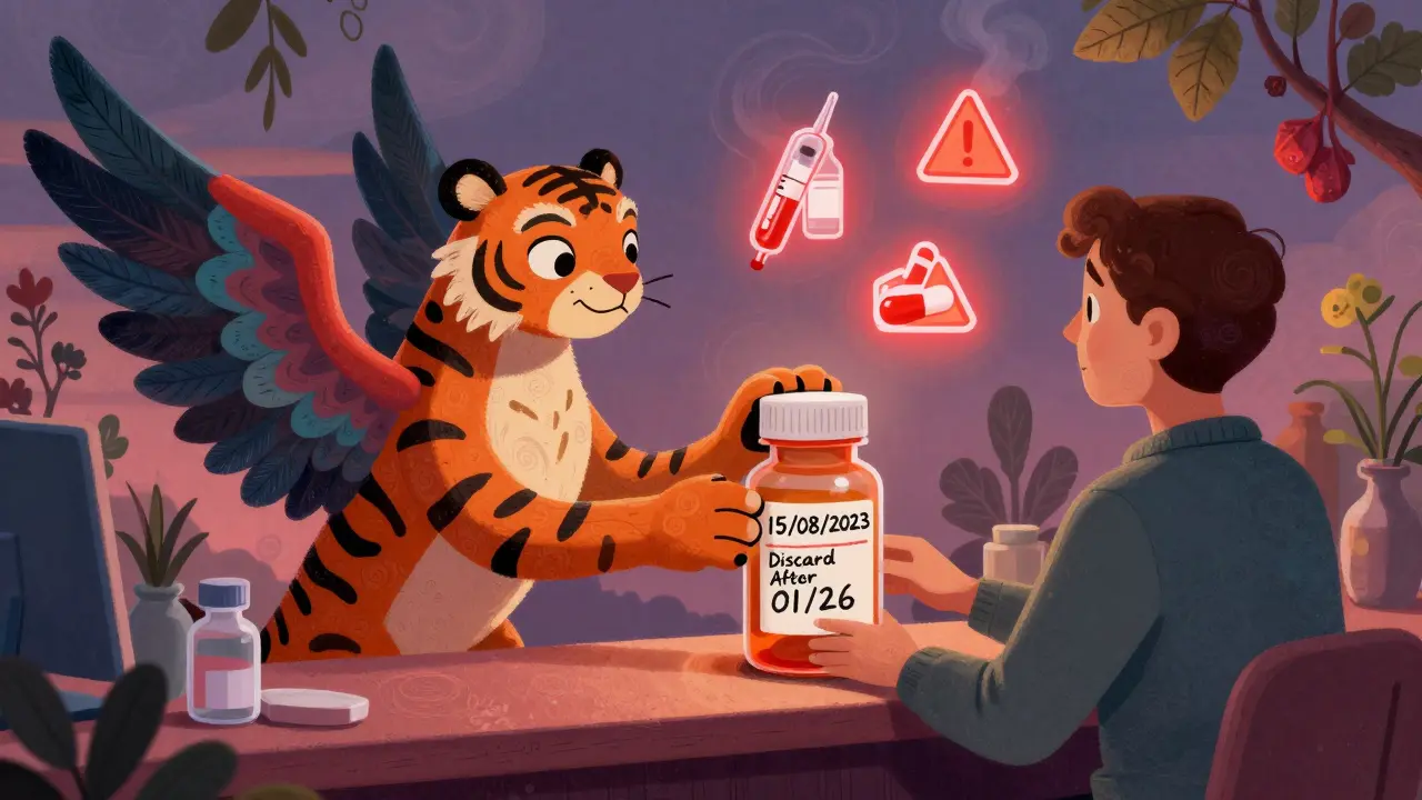 Bird-tiger creature handing a prescription with dual expiration dates at a magical pharmacy counter.