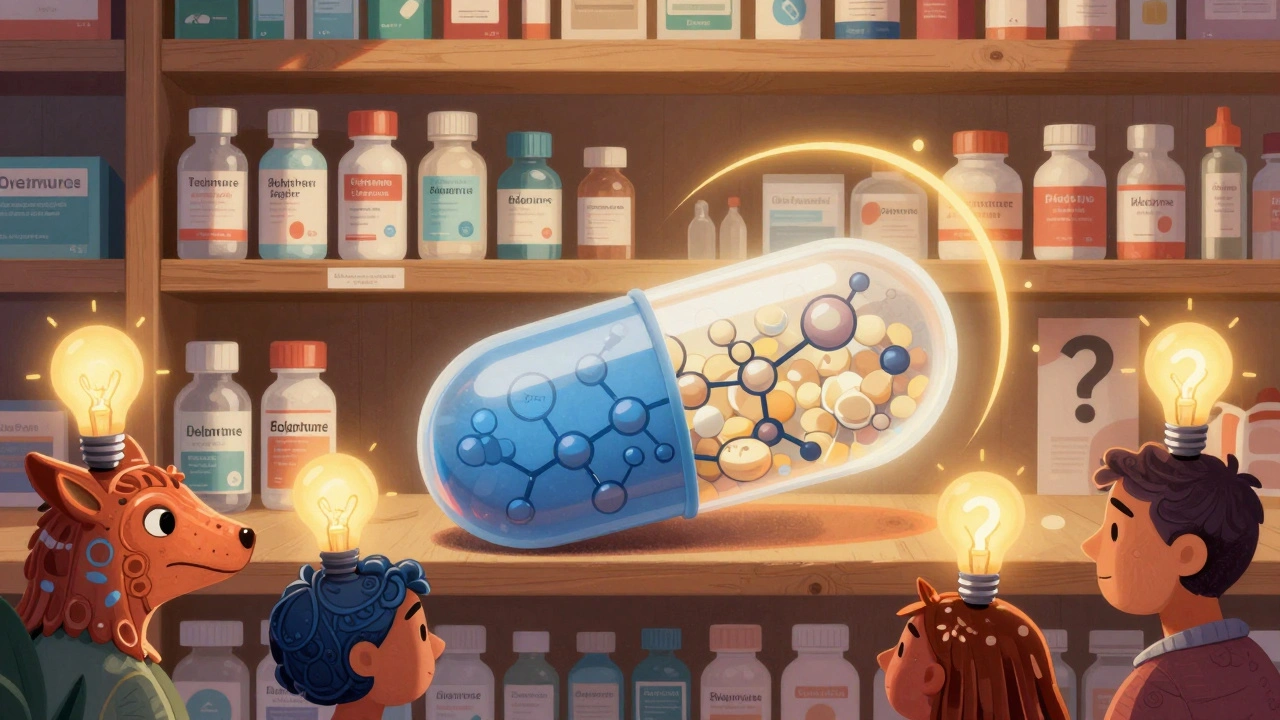 Brand and generic pills on a shelf, revealing identical insides, surrounded by transforming patient faces in Alebrije art.