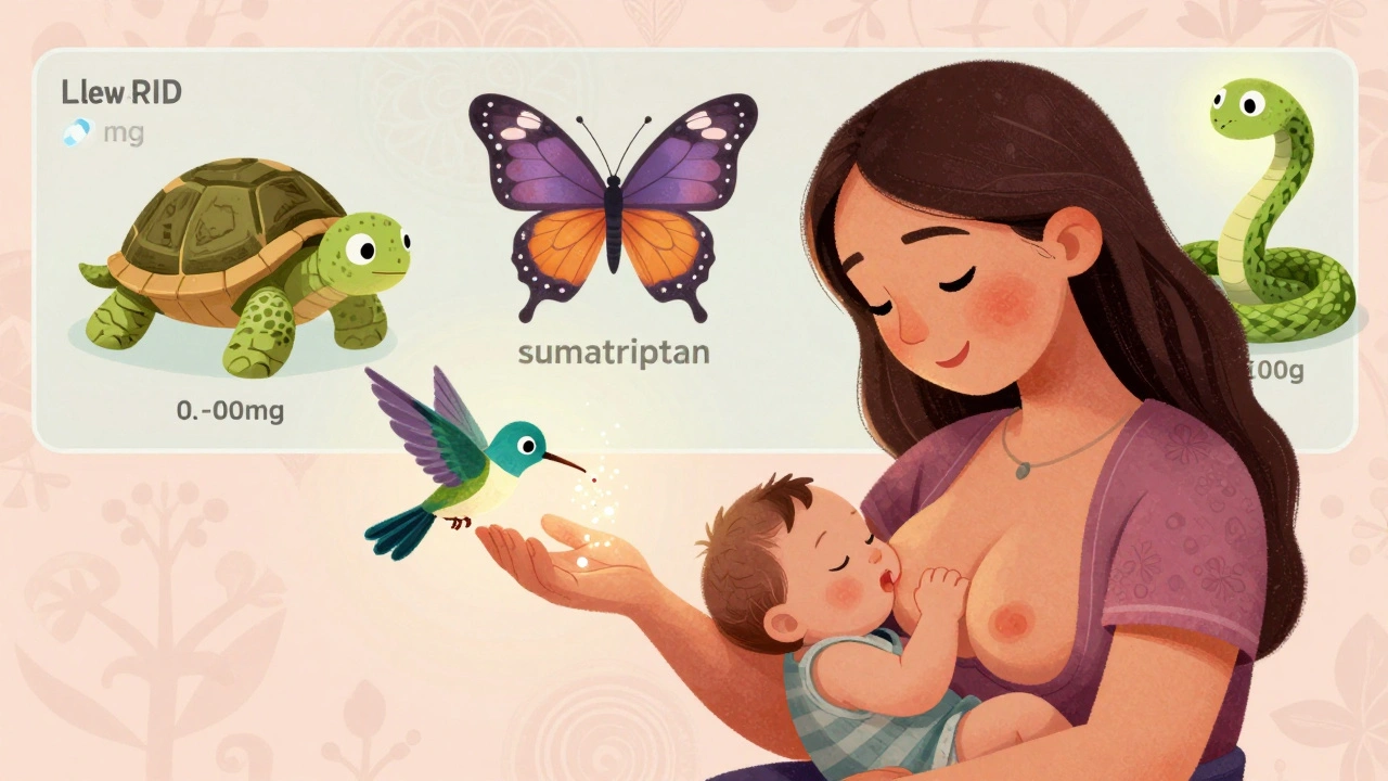 Breastfeeding mother with a relief spirit and safe medication animals floating nearby in colorful alebrije art style.