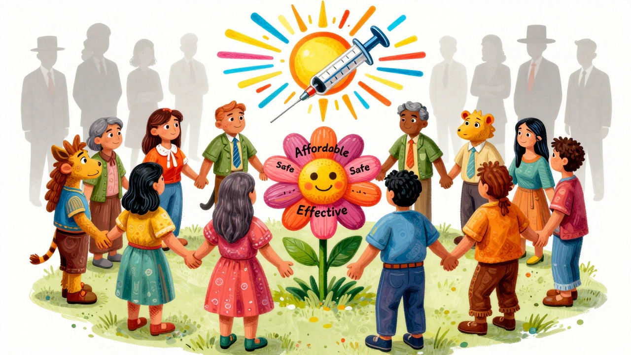 Diverse patients with alebrije animal companions united around a healing flower labeled affordable, safe, effective.