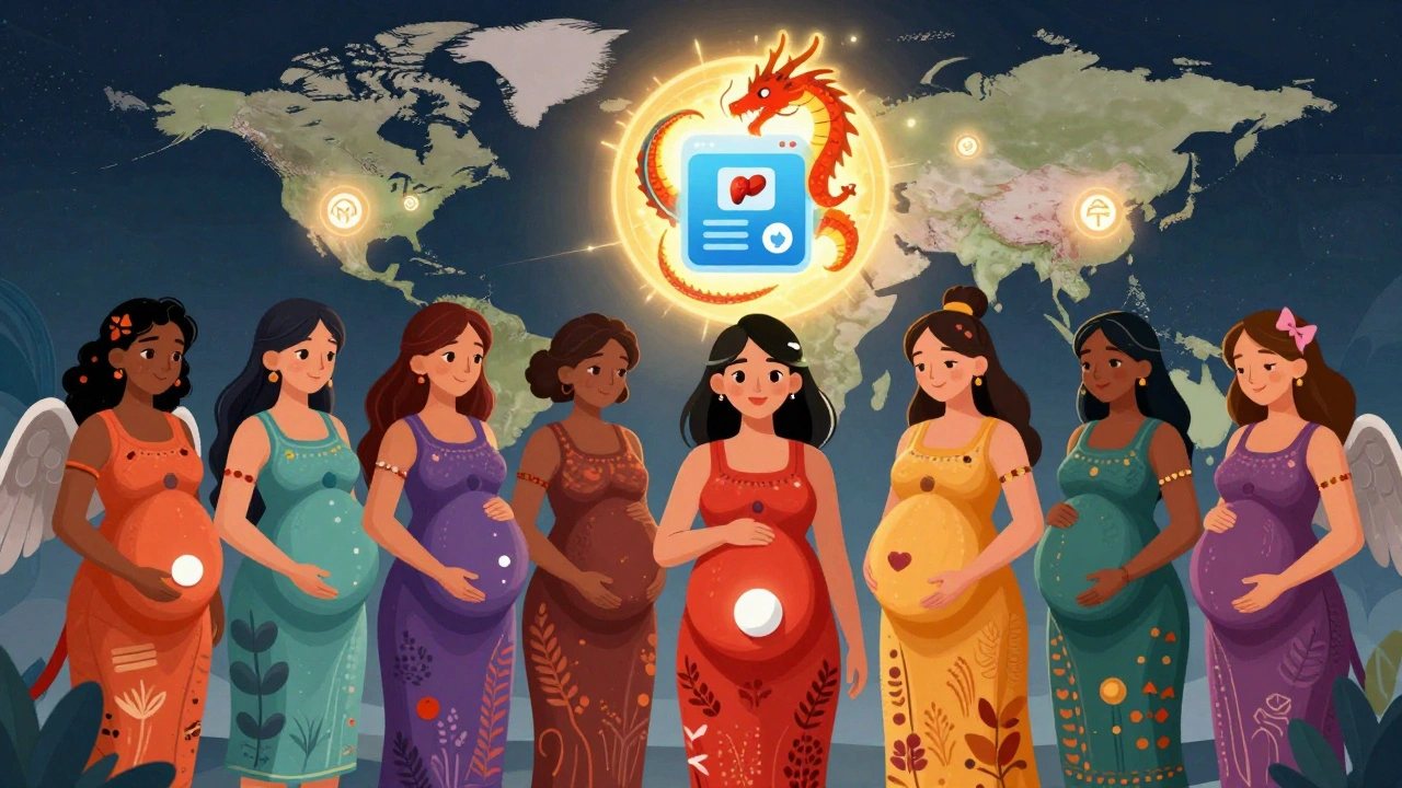 Diverse pregnant women as winged creatures with thyroid hearts, an AI dragon above, and global access symbols in vibrant colors.