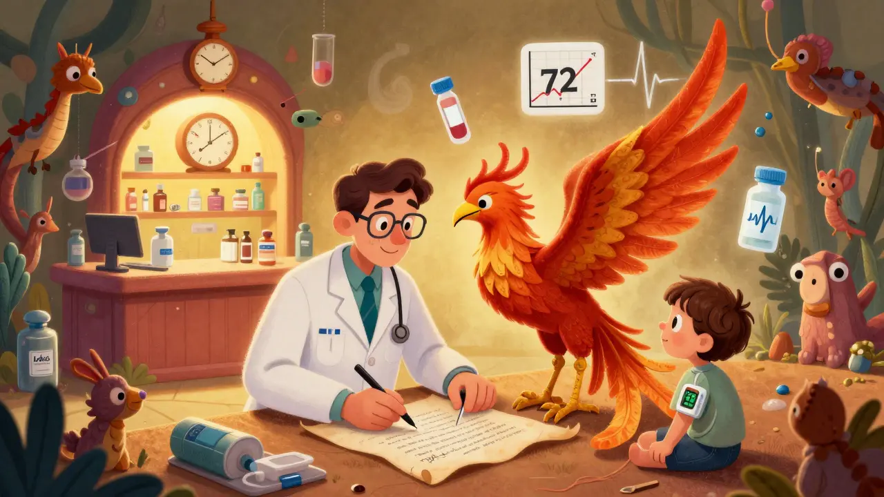 Doctor writing a medical letter surrounded by floating lab results and a 72-hour clock, patient watching nearby.