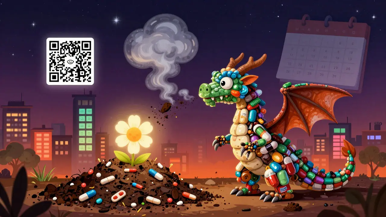 Dragon creature turning expired meds into flowers, with smart labels and QR code glowing above.
