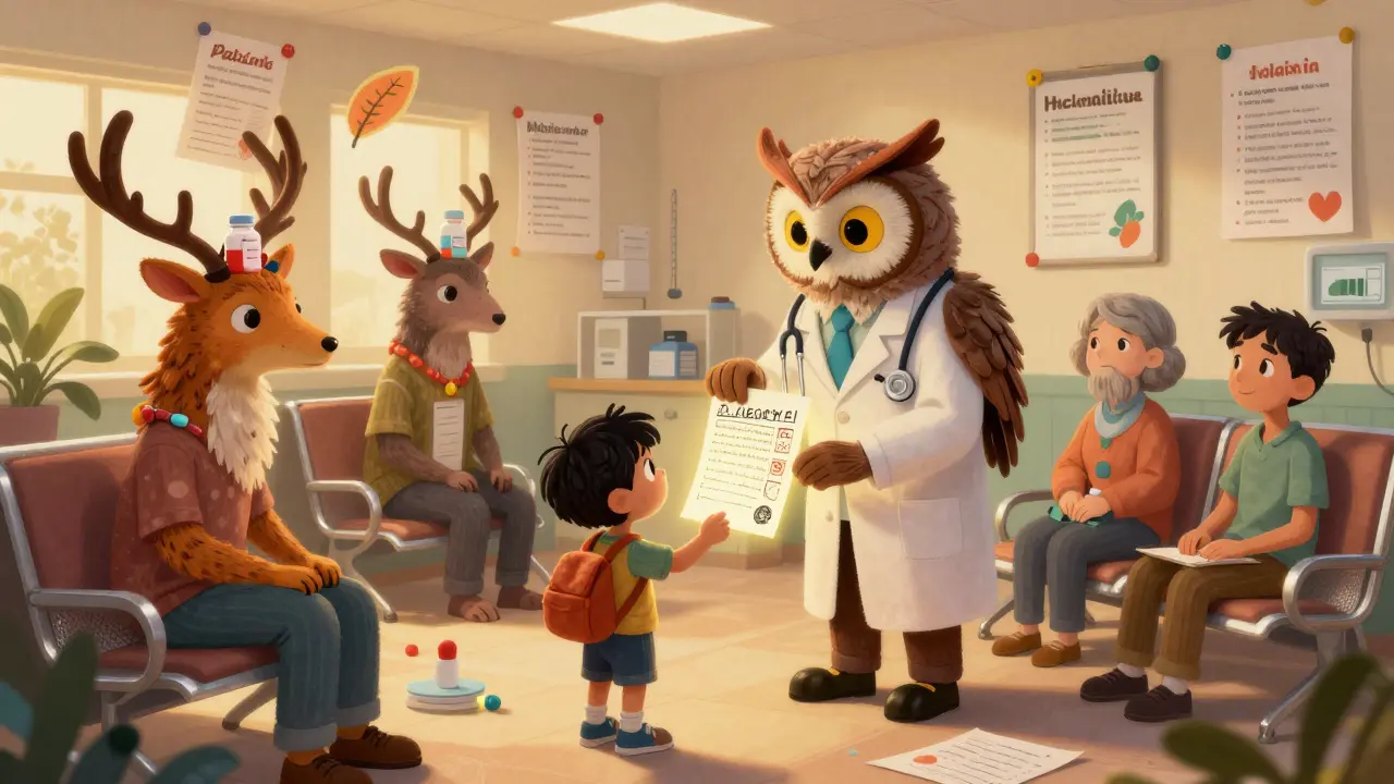 Fantastical patient animals in a clinic, one handing a symptom log to an owl doctor under glowing leaflet banners.