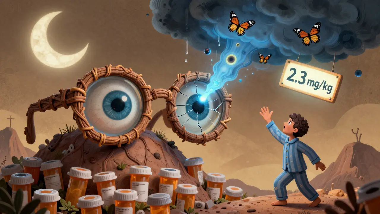 Giant spectacles made of vines sit on a mountain of pills, with a cracked lens leaking retinal butterflies under a crescent moon.