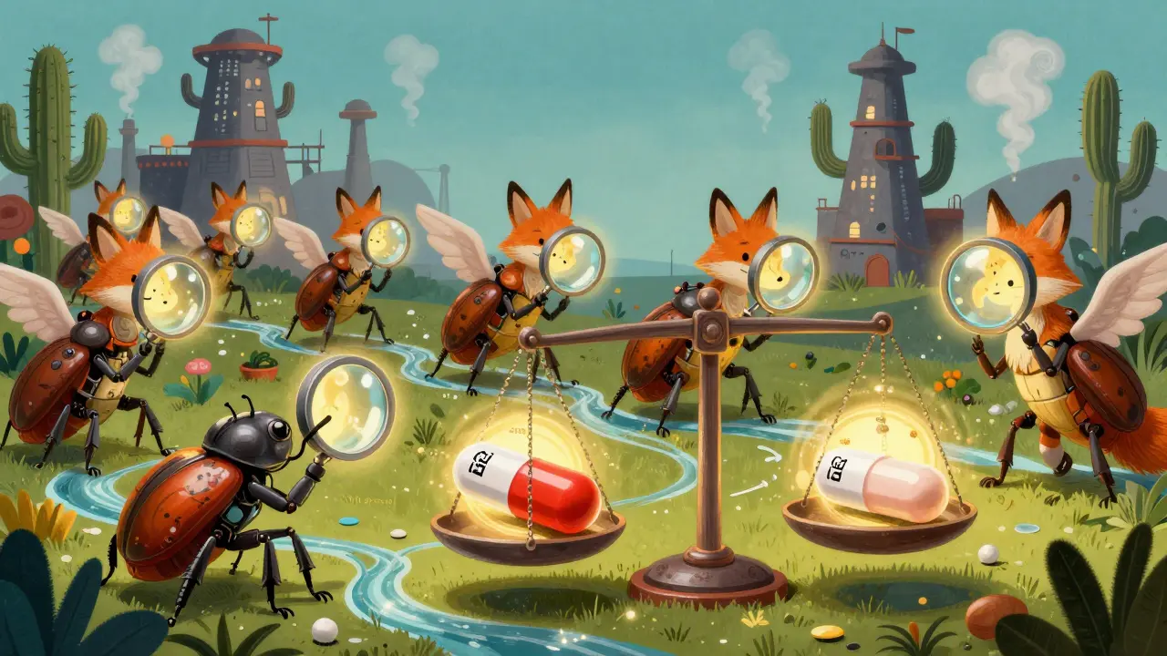 Mythical creatures inspecting identical pills on a fantastical assembly line, with bioequivalence data flowing between them.