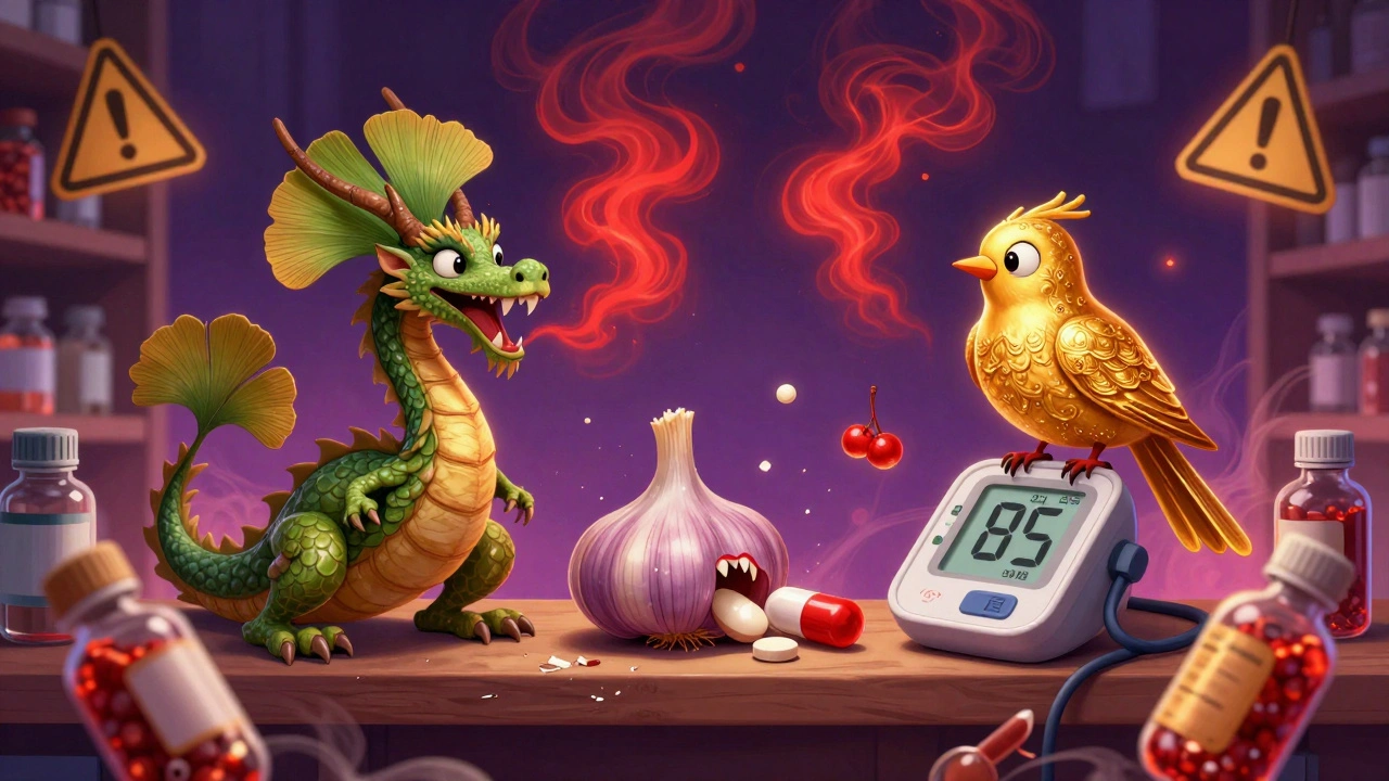 Mythical creatures made of herbs attacking medicine bottles in a chaotic pharmacy scene with glowing warning symbols.