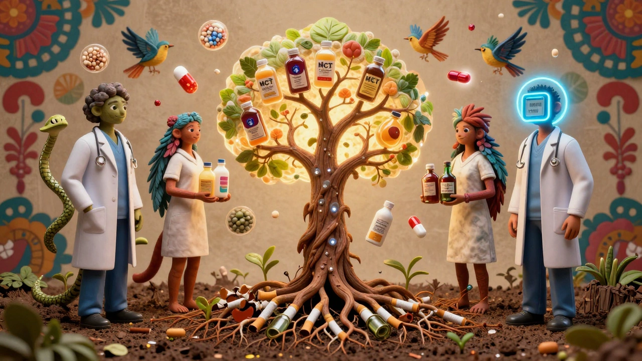 Mythical medical beings healing a patient-tree with vitamins, probiotics, and MCT oil.