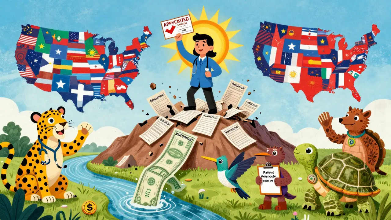 Patient standing atop crumbled formulary cards as money transforms from expensive to cheap, cheered by animal advocates.