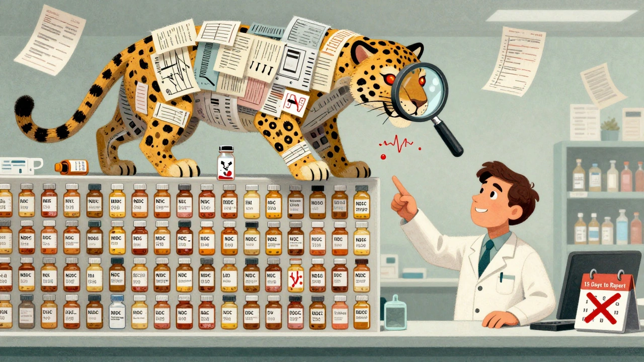 Pharmacist points at a wall of pill bottles as a magnifying-glass-headed creature rises, warning of unreported drug issues.