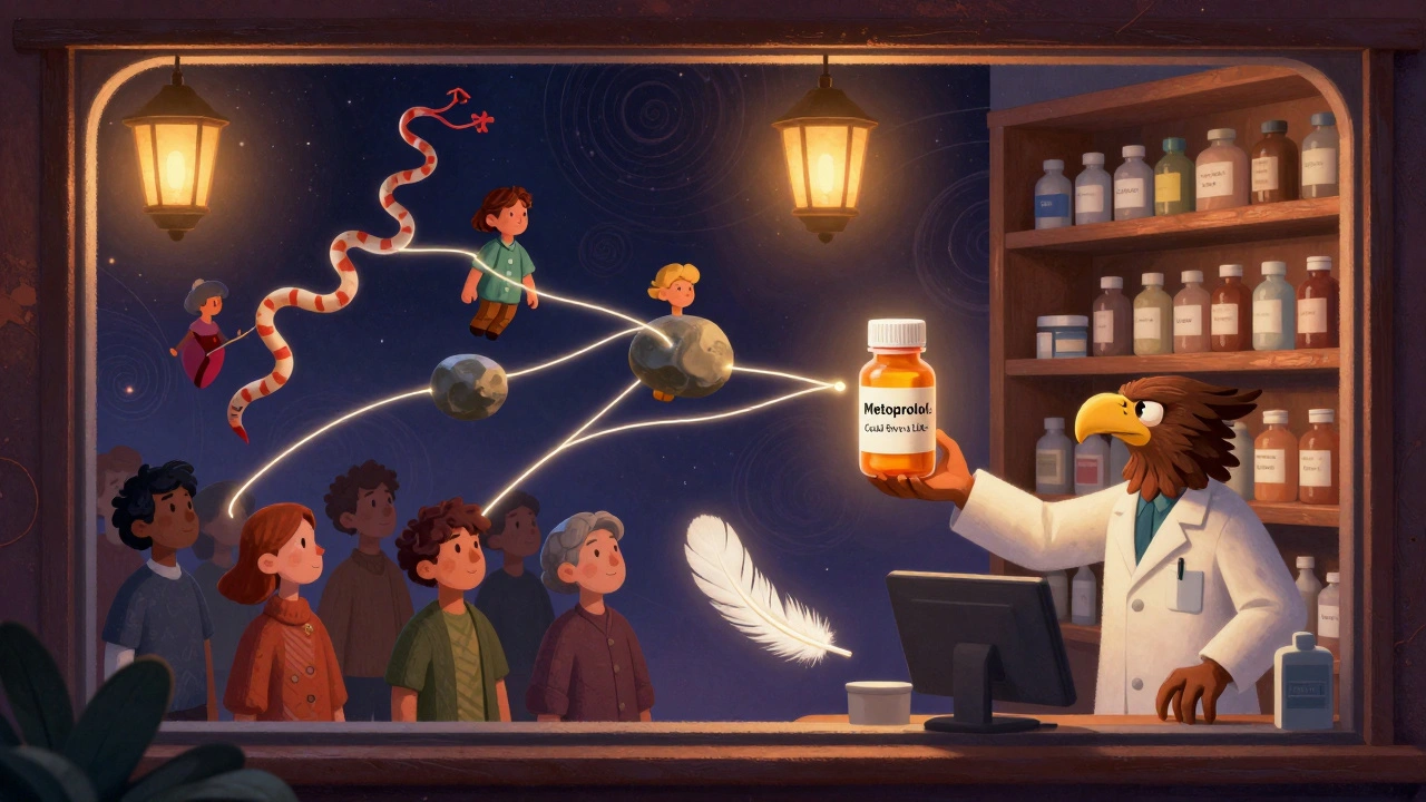 Pharmacist with eagle wings pulls a problematic generic drug bottle as patient threads connect to heart and weight symptoms.