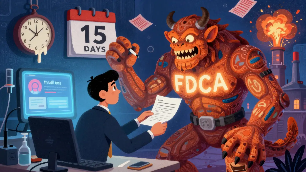 A corporate figure faces a giant FDA spirit-beast as deadlines melt and penalties rise in the background.
