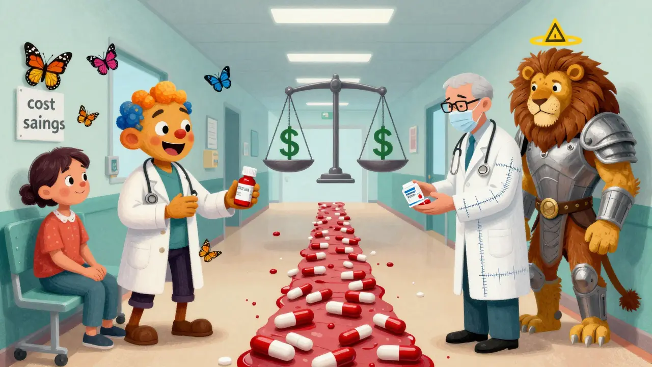 A divided hospital scene showing safe generic medications on one side and cautious NTI drug dispensing on the other.