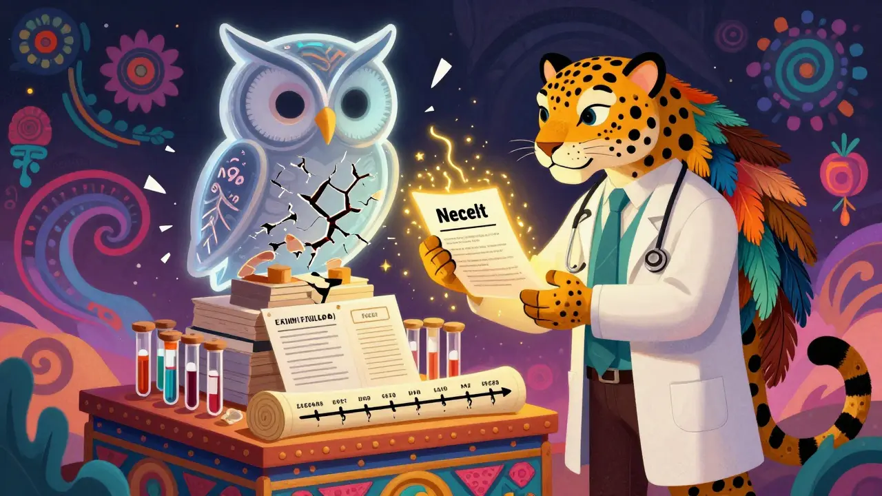 A doctor as a feathered jaguar offering medical evidence to a crumbling insurance stamp, glowing with vibrant Alebrije patterns.