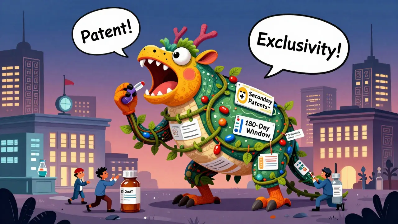 A dual-headed alebrije creature made of pills and trial charts, tangled in legal vines.