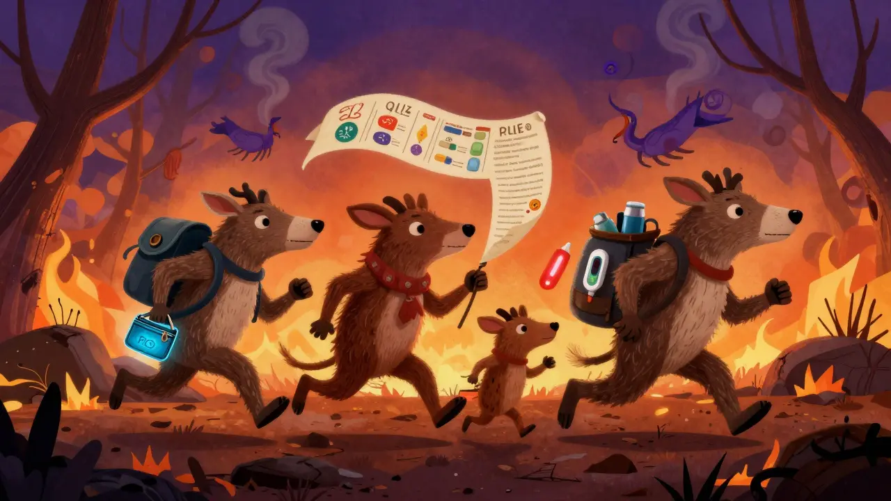 A family of hybrid creatures escaping wildfires, holding cooling packs and medication lists.