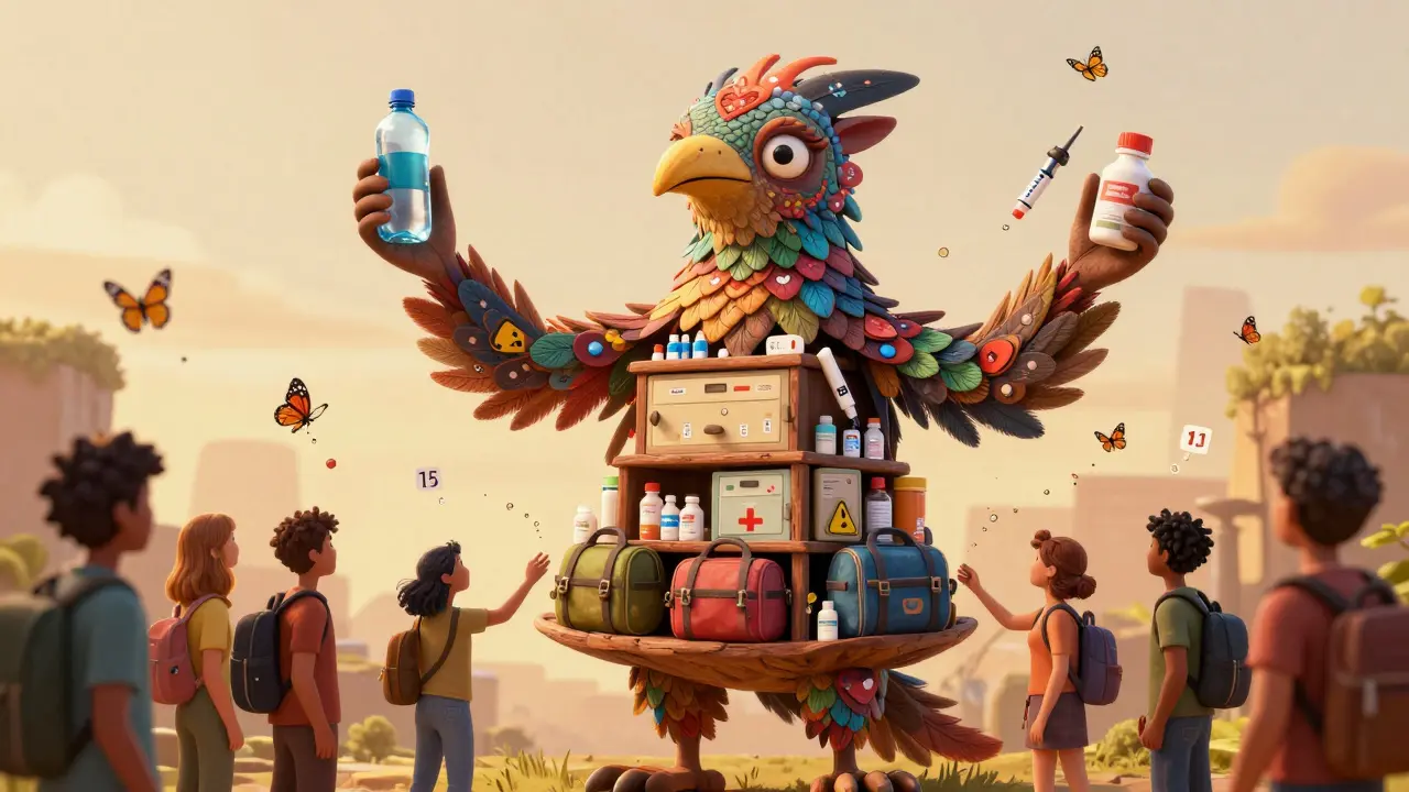 A giant alebrije spirit receiving emergency go-bags from people, surrounded by floating medicine symbols.