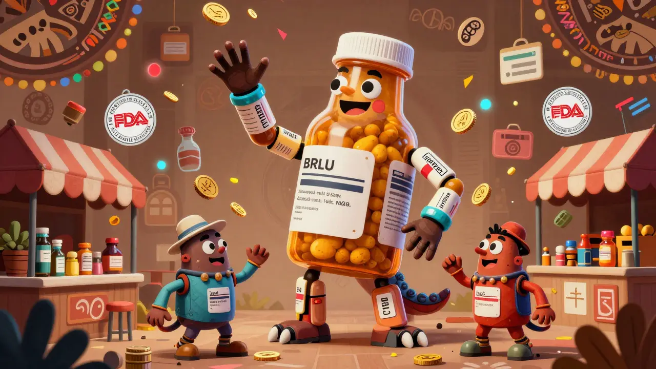 A giant pill-bottle alebrije creature overseeing a marketplace where two smaller creatures negotiate lower drug prices.