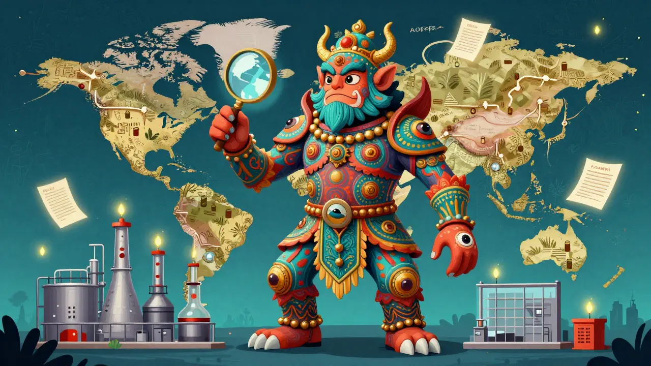 A guardian spirit watches over global drug supply chains, with inspection reports floating like fireflies around a map.