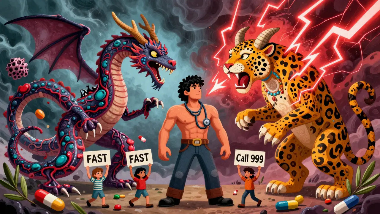 A hero figure faces two monstrous stroke types—a clot dragon and a lightning jaguar—while people below act on FAST signs.