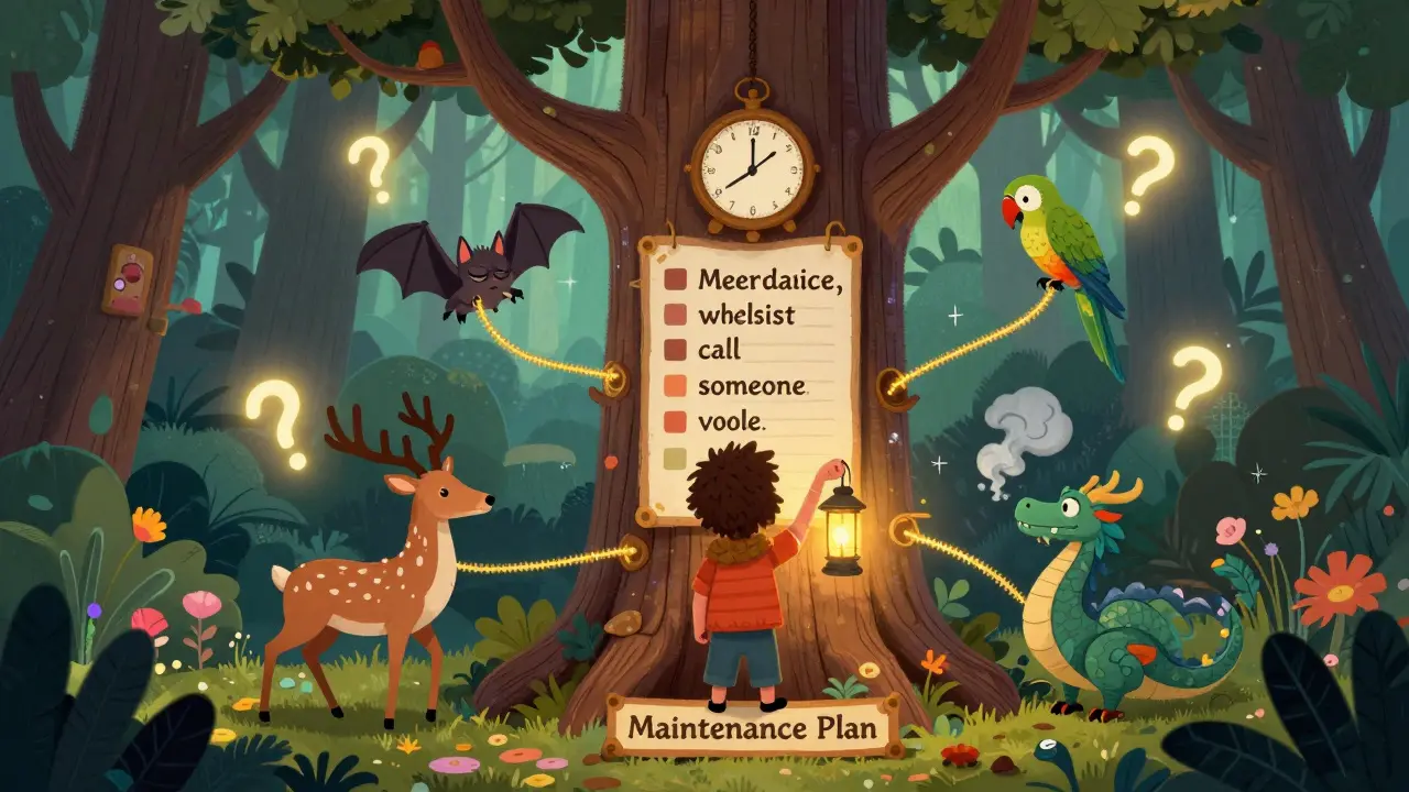 A living checklist tree with tiny creatures symbolizing daily habits, connected by golden threads to a person holding a maintenance plan lantern.