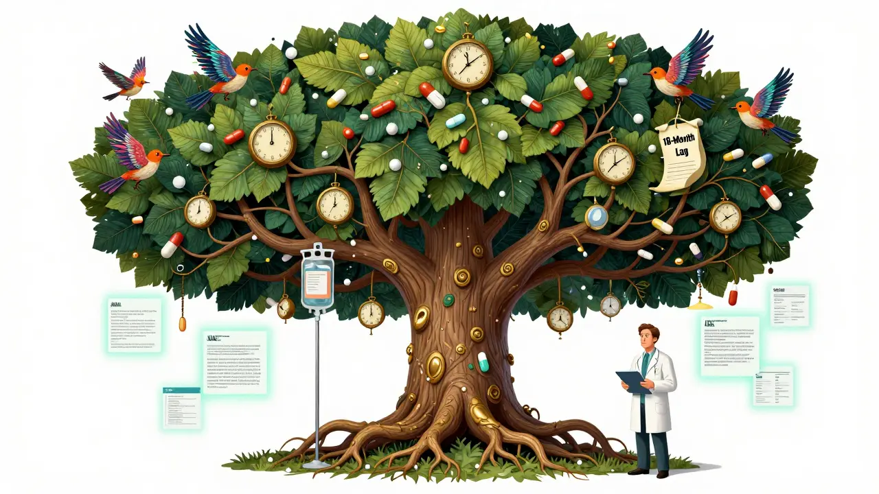 A magical tree of medications with AI birds and a pharmacist holding a clipboard under glowing research citations.