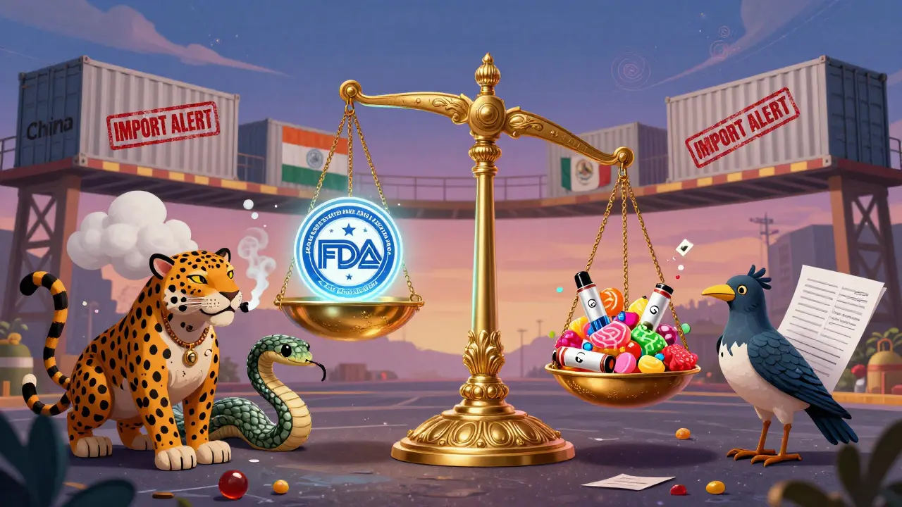 A mythical scale balances FDA approval against banned flavored vapes, guarded by spirit animals.