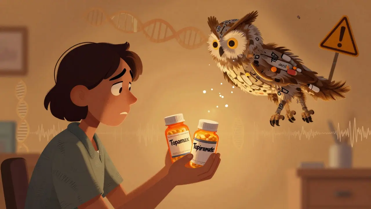 A patient confused by two differently named pills, watched over by a mythical USAN Council creature with drug-stem feathers.