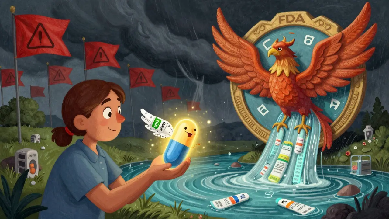A patient holds a pill that becomes a smiling creature, while warning flags fade into a river of data flowing to a phoenix-shaped FDA badge.
