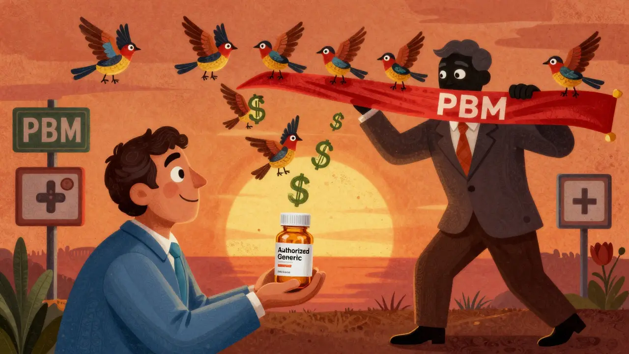 A patient smiling as savings birds made of dollar signs fly up, while a shadowy figure tries to block them with red tape.