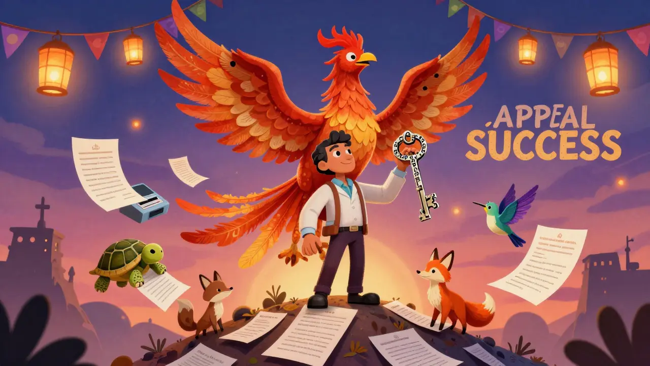 A patient standing on rejected forms with a key made of medical codes, as a phoenix of approval letters rises behind them.