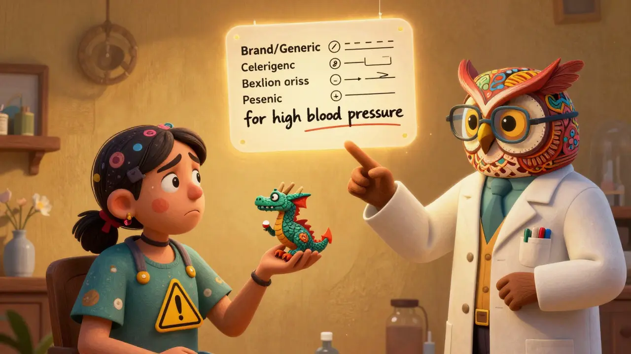 A patient with a morphing pill dragon, guided by an owl-pharmacist beside a floating, detailed medication label.