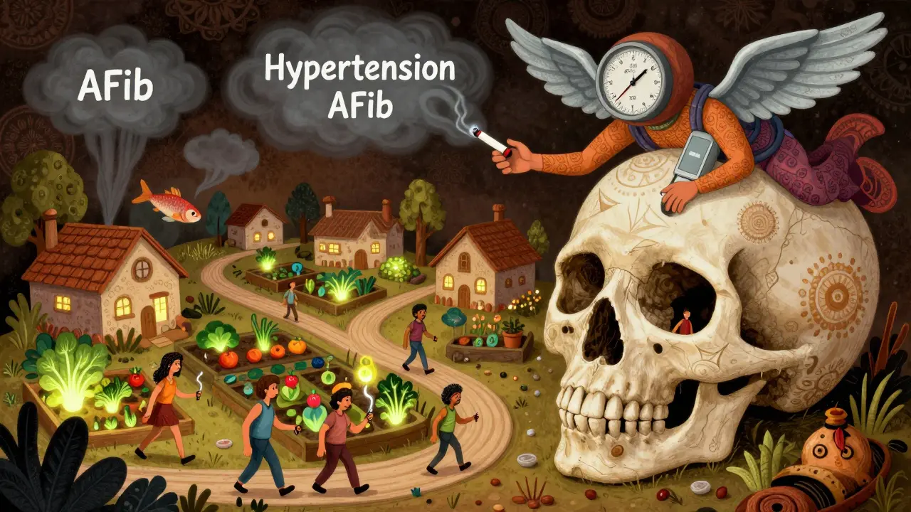 A peaceful skull-village thrives with healthy habits, guarded by a blood pressure spirit, in colorful Alebrije folk art.