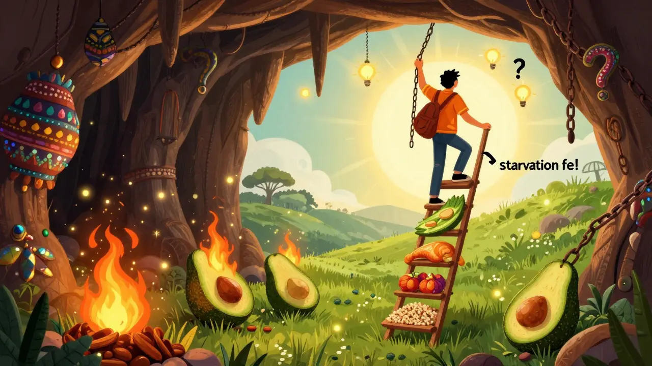 A person climbing a food ladder from darkness into light, reigniting brown fat fireflies with alebrije patterns.