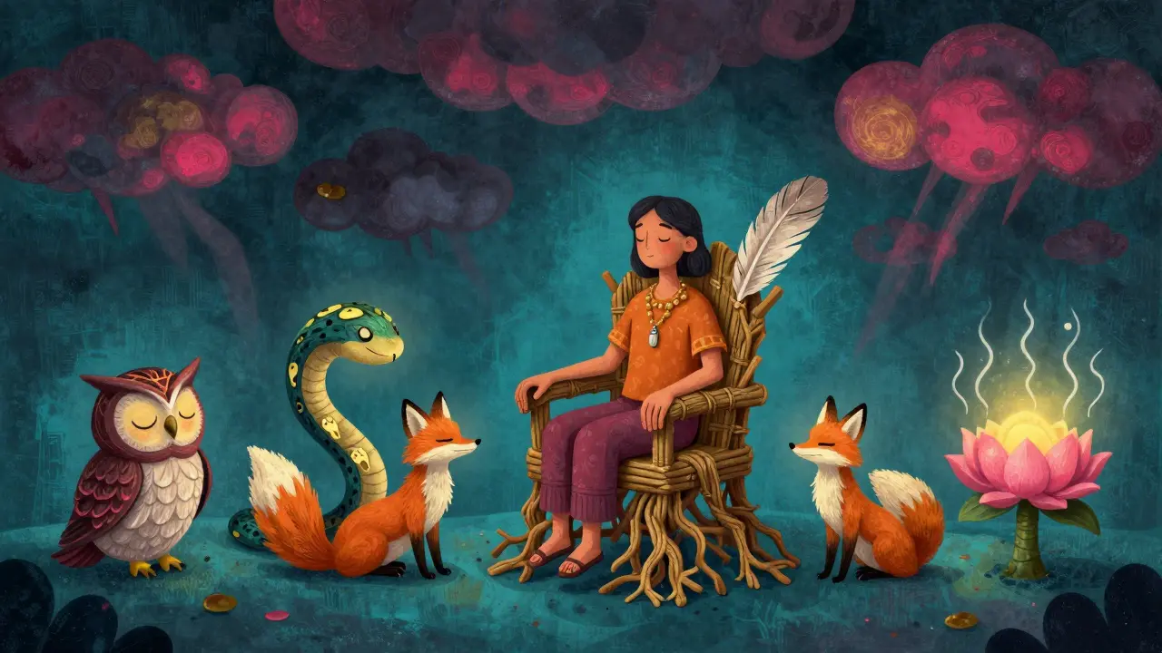 A person on a floating chair surrounded by four magical animal guardians representing sleep, movement, connection, and mindfulness in vibrant Alebrije style.
