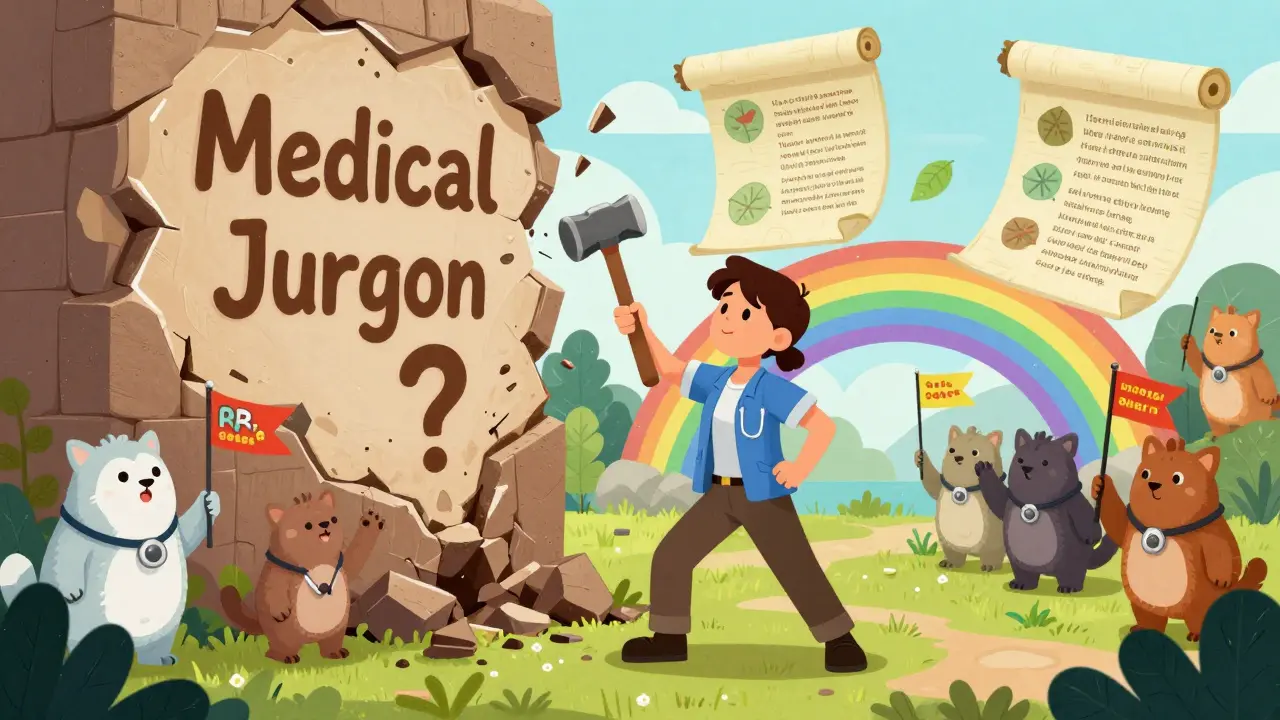 A person smashing a wall of medical jargon with a question mark hammer, leading to clear instructions in Alebrije-inspired fantasy art.