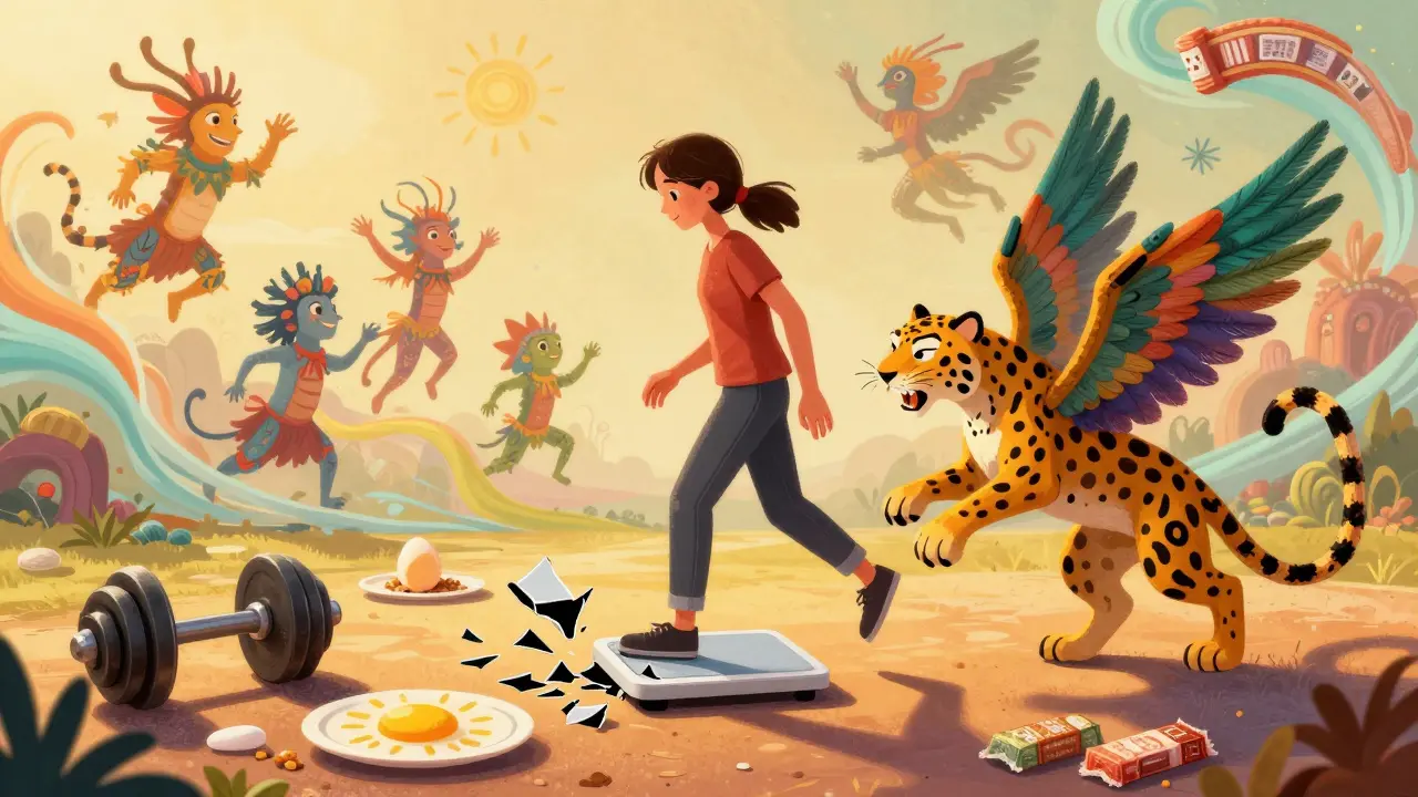 A person stepping off a broken scale, guided by a spirit jaguar toward healthy food symbols in warm golden light.