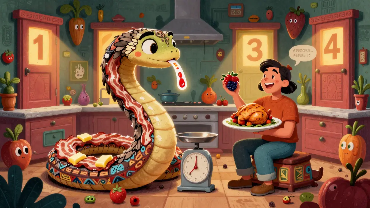 A whimsical kitchen scene with a bacon serpent on a scale, Atkins snacks, and rising carb doors in colorful Alebrije art.