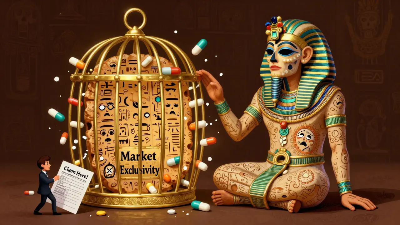 An ancient colchicine spirit protected by a golden exclusivity cage, with confused generics trying to enter.