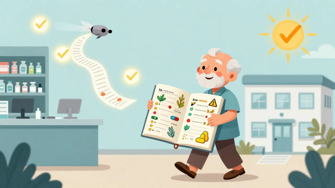 An elderly patient holds a colorful medication diary as printed lists fly to care providers, symbolizing safe transitions.