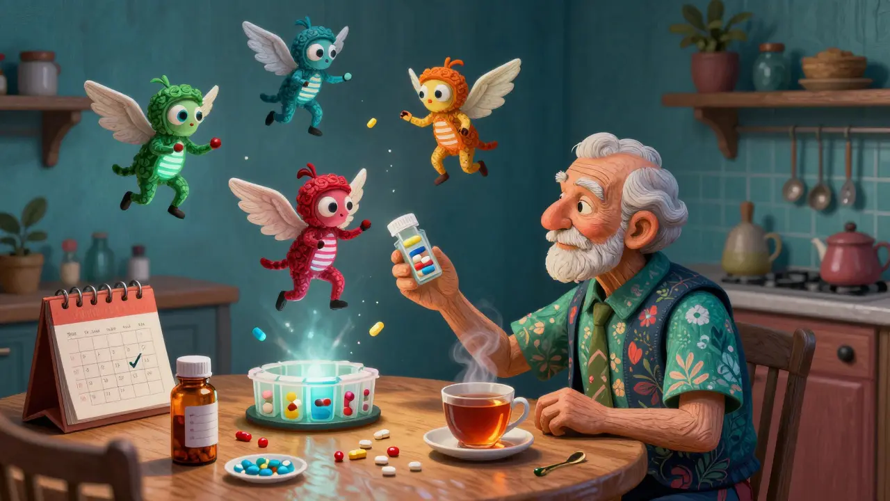 An elderly person organizing pills at a kitchen table, surrounded by glowing, winged pill organizers and checkmarked calendar.