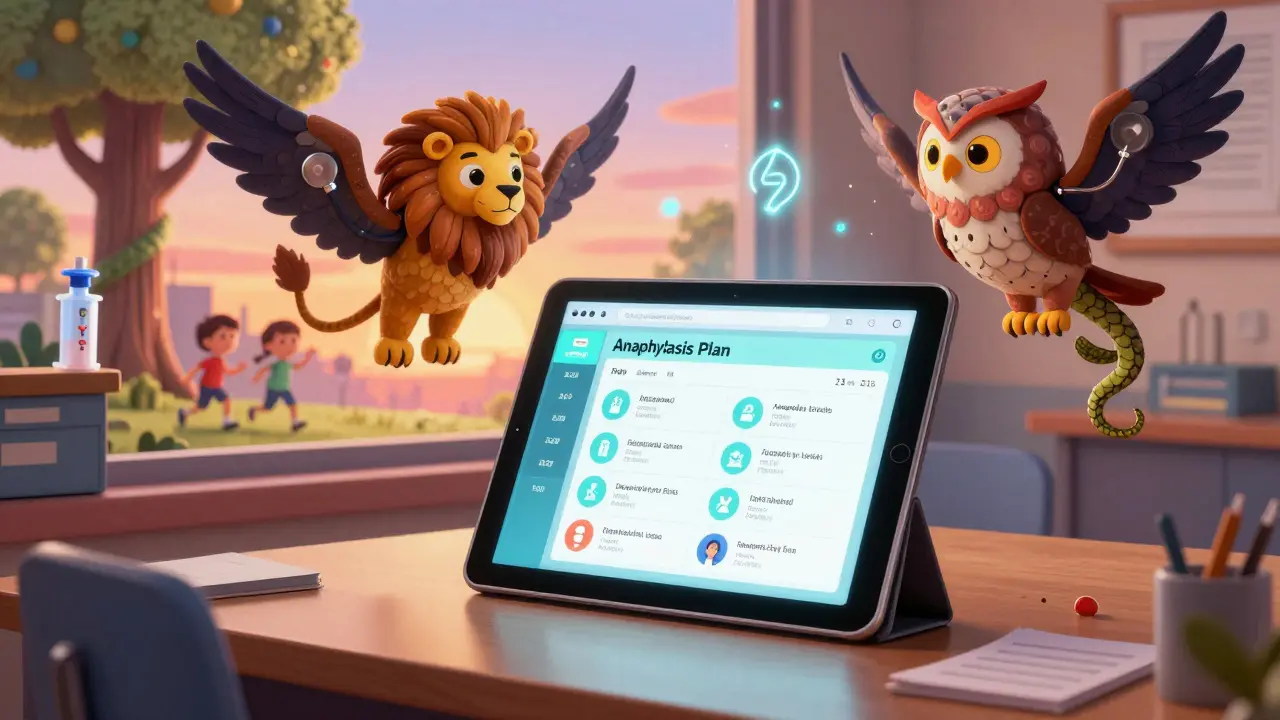 Digital anaphylaxis plan glowing above a desk, guarded by mythical creatures, symbolizing updated safety.