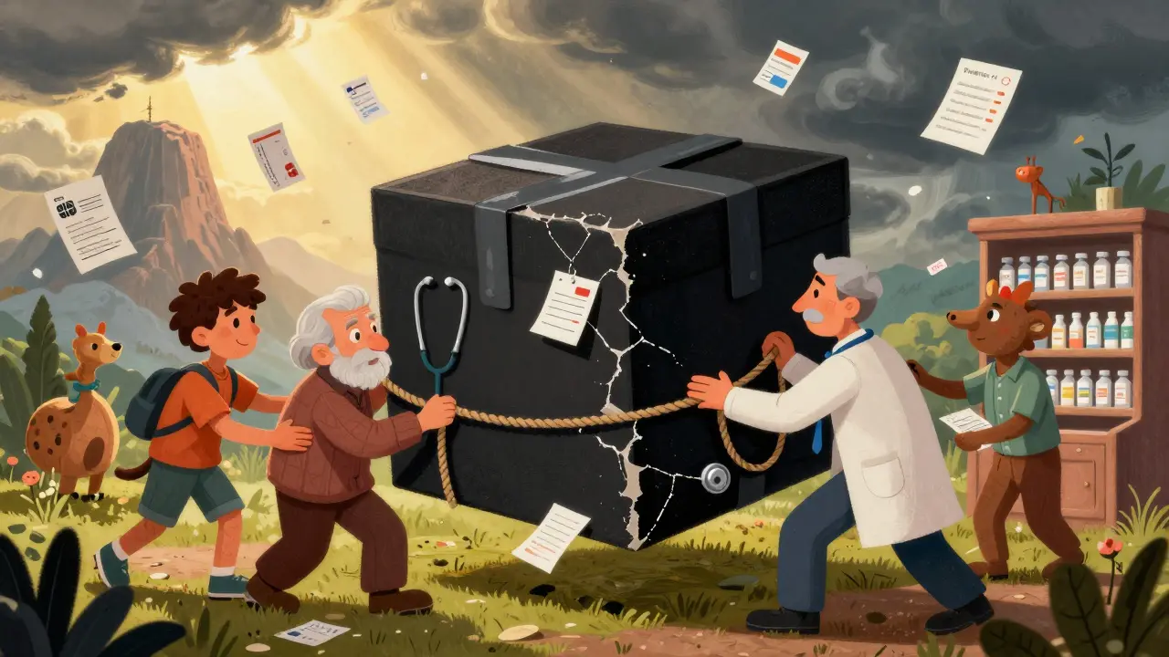 Diverse people repairing a broken black box warning with stethoscope ropes under a glowing sky.